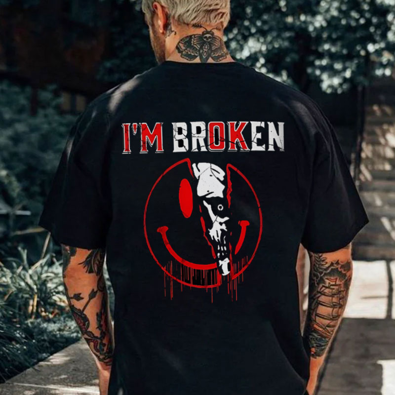 I'M BROKEN Emoji Skull Black Print T-shirt