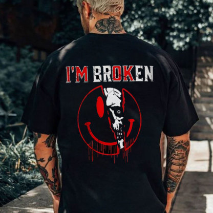 I'M BROKEN Emoji Skull Black Print T-shirt