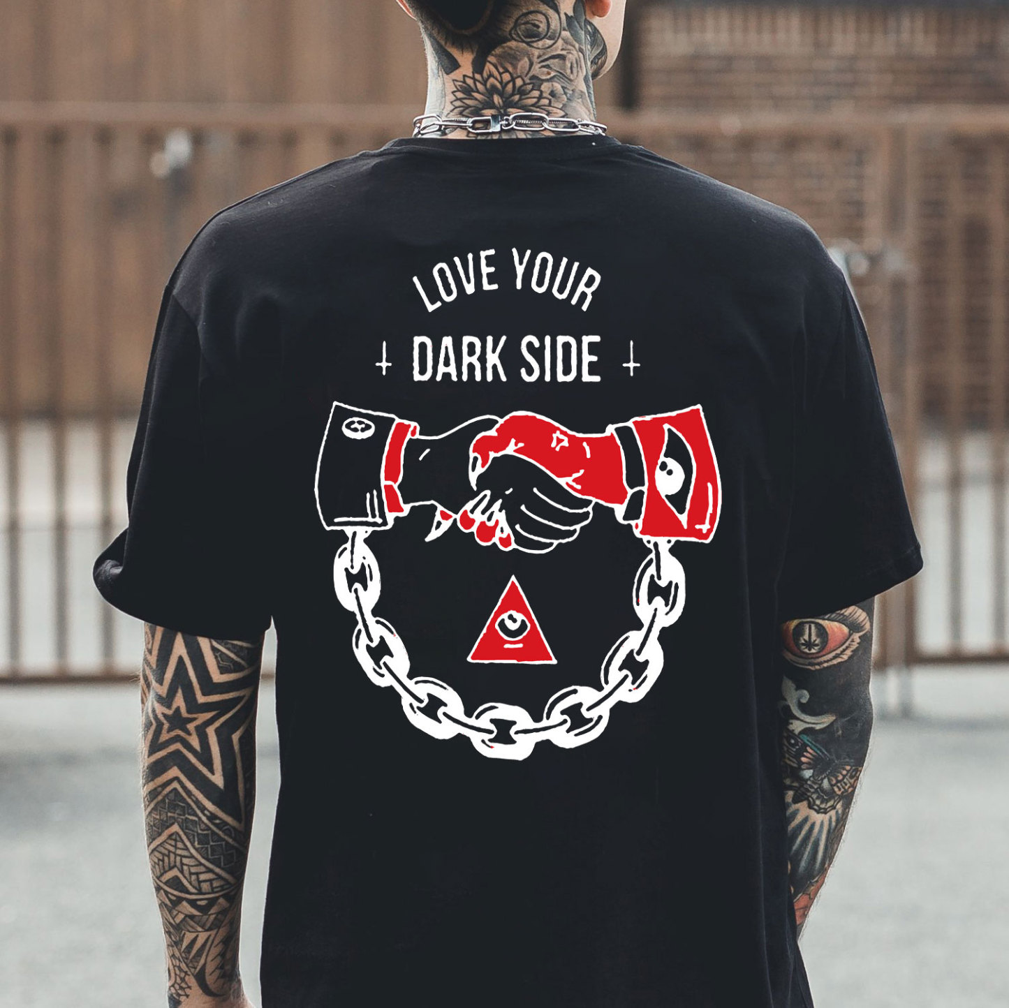 LOVE YOUR DARK SIDE Shaking Hands Graphic White Print T-shirt