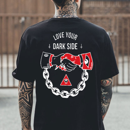 LOVE YOUR DARK SIDE Shaking Hands Graphic White Print T-shirt