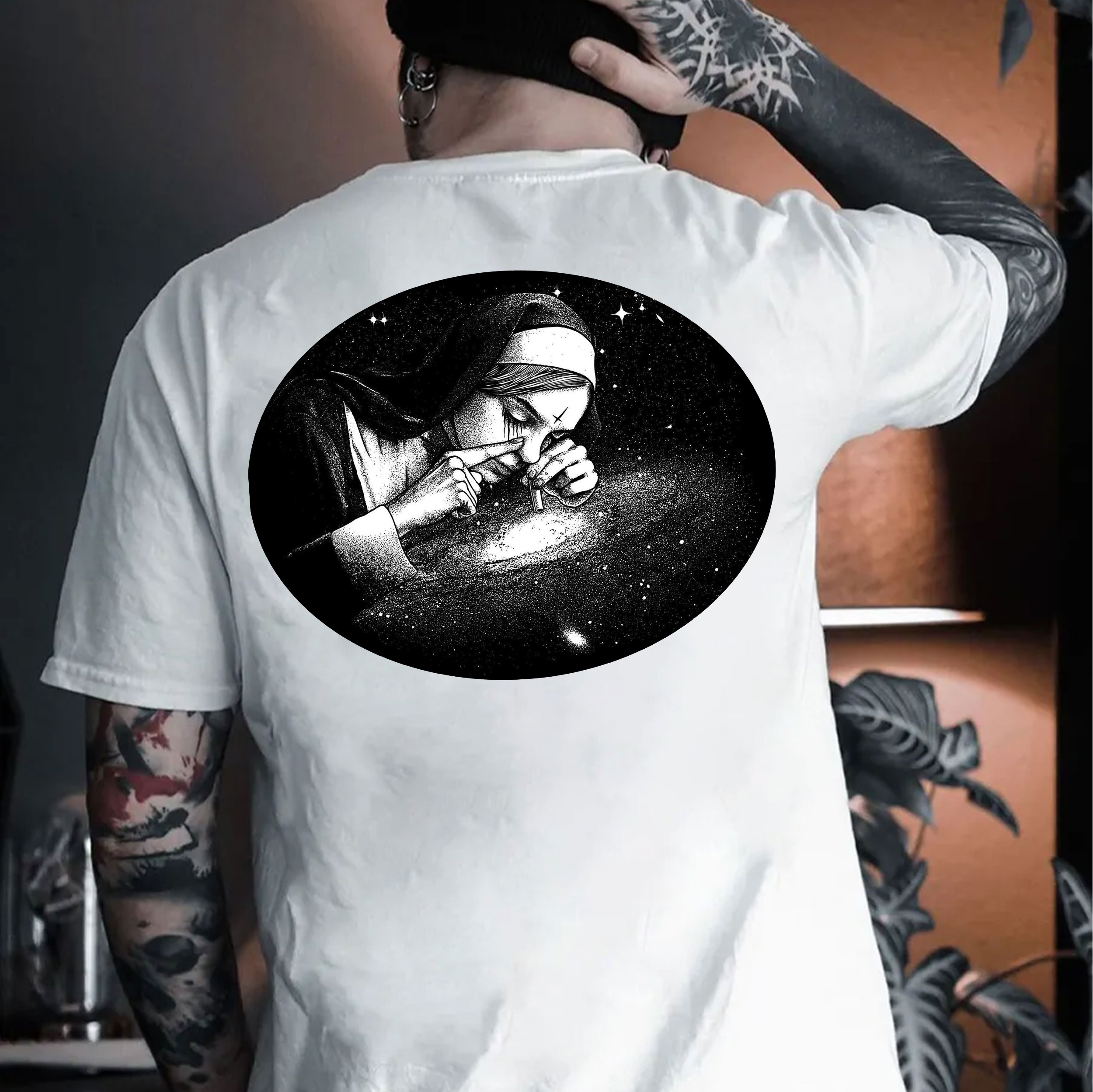 Nun Smoking Dark Style Black Print T-shirt