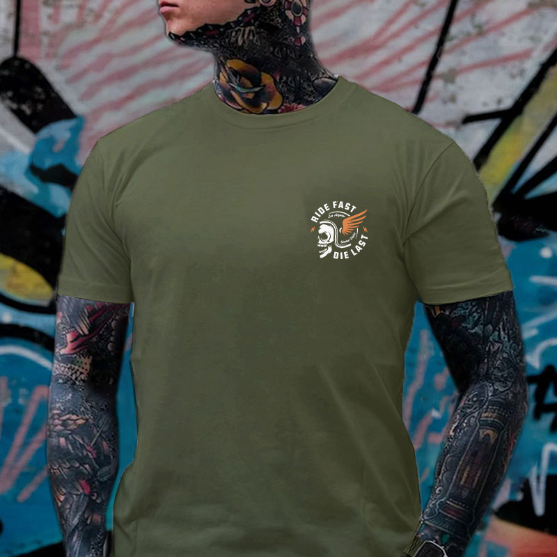 RIDE FAST DIE LAST Crazy Skull with a wings helmet Black Print T-shirt