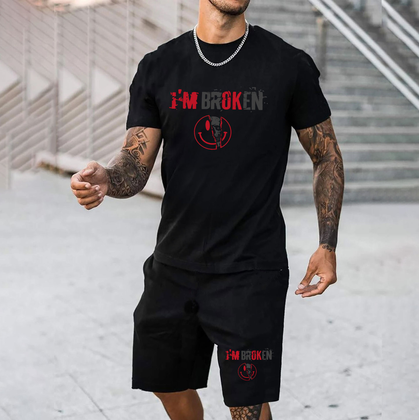 I'M BROKEN Emoji Skull Black Printed Suit