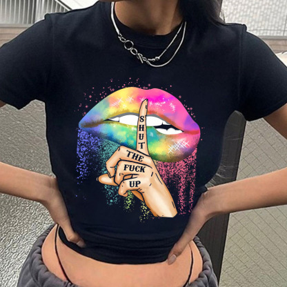 SHUT THE F*CK UP Iridescent Lips Print Women's Cropped T-shirt