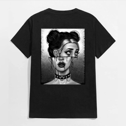 Goth Girl Slit Face Graphic Casual Black Print T-Shirt