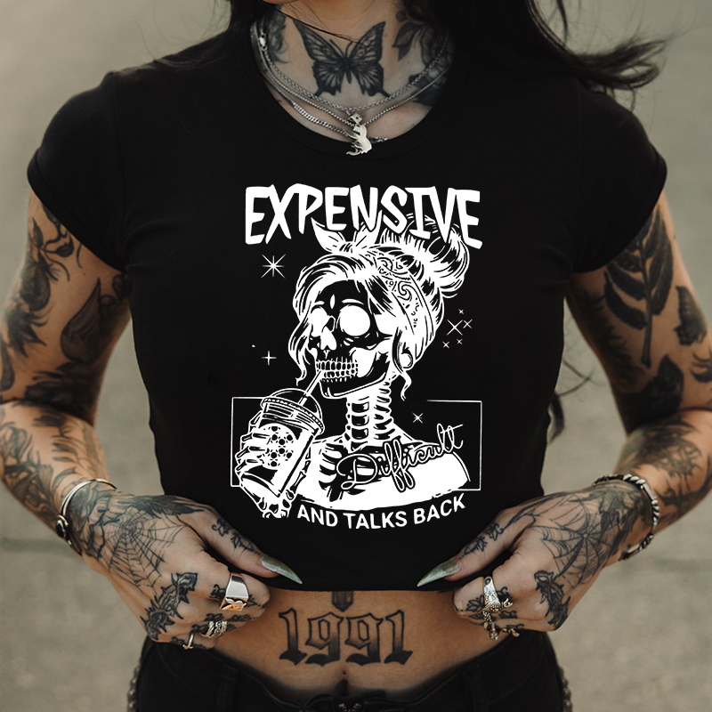EXPENSIVE AND TALKS BACK Skeleton Lady Women's Cropped T-shirt
