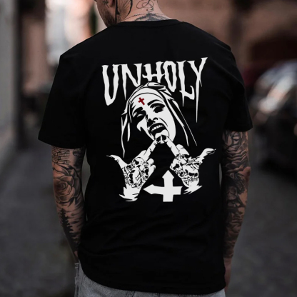 UNHOLY Nun with Crucifix on Forehead Graphic Casual Black Print T-shirt