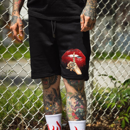SHUT THE FUCK UP Red Lips Keep Silent Gesture Black Print Shorts