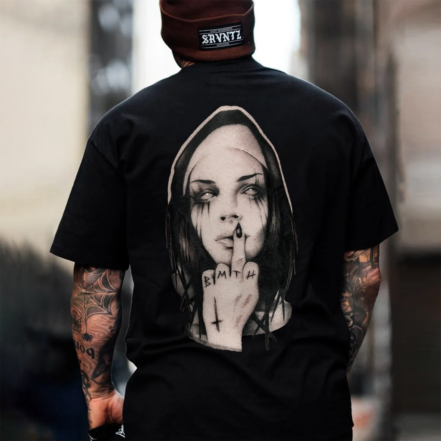 Evil Nun Keeping Silent Vintage Style Print T-shirt