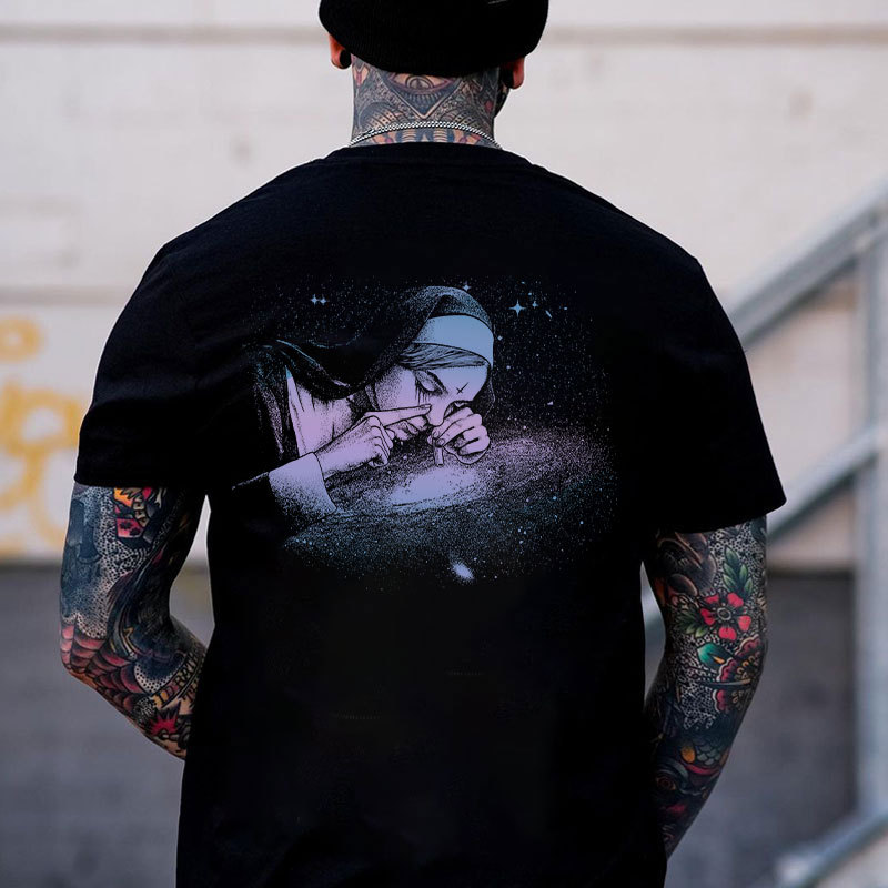 Nun Smoking Iridescent Graphic Black Print T-shirt