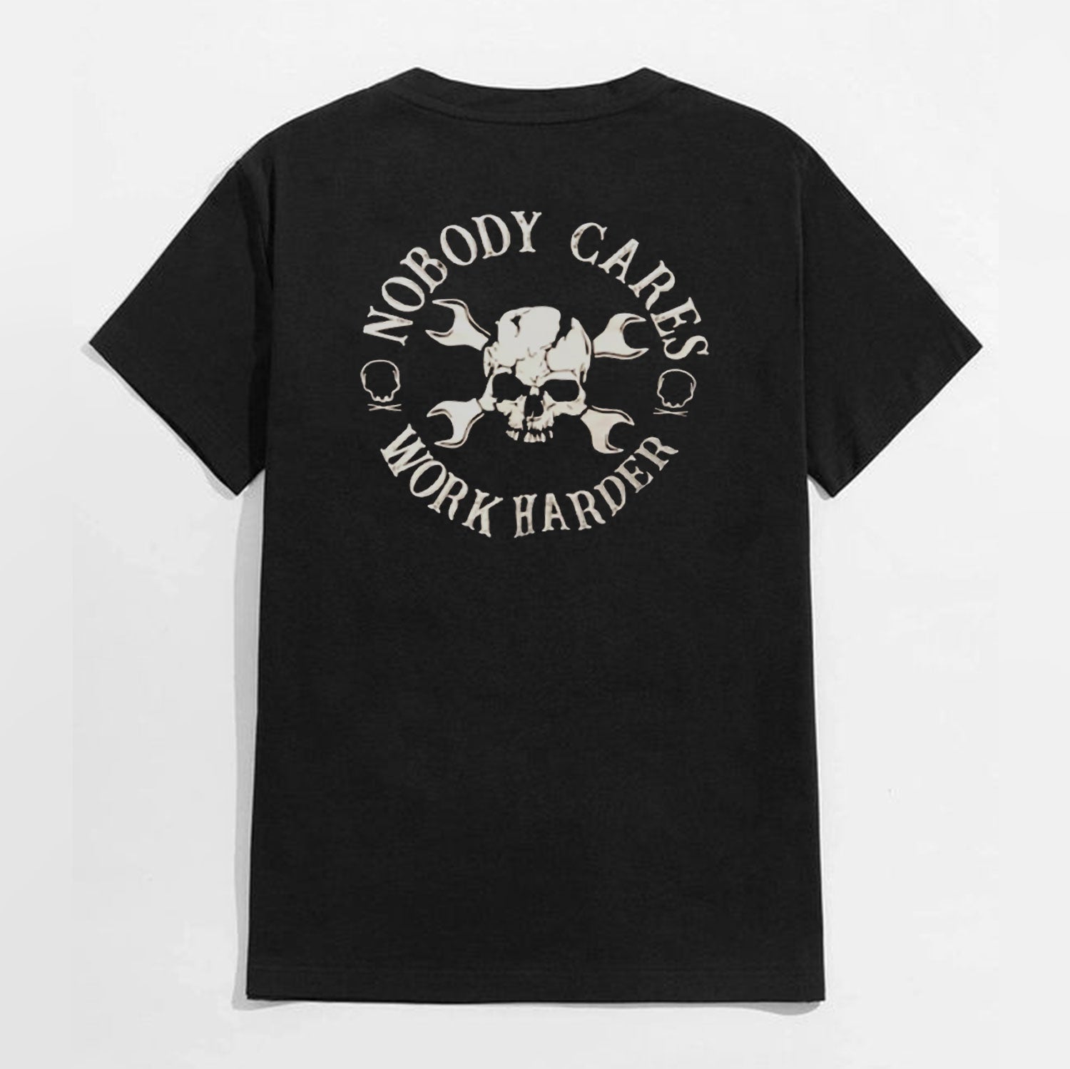 NOBODY CARES, WORK HARDER Skulls with Handles Black Print T-shirt