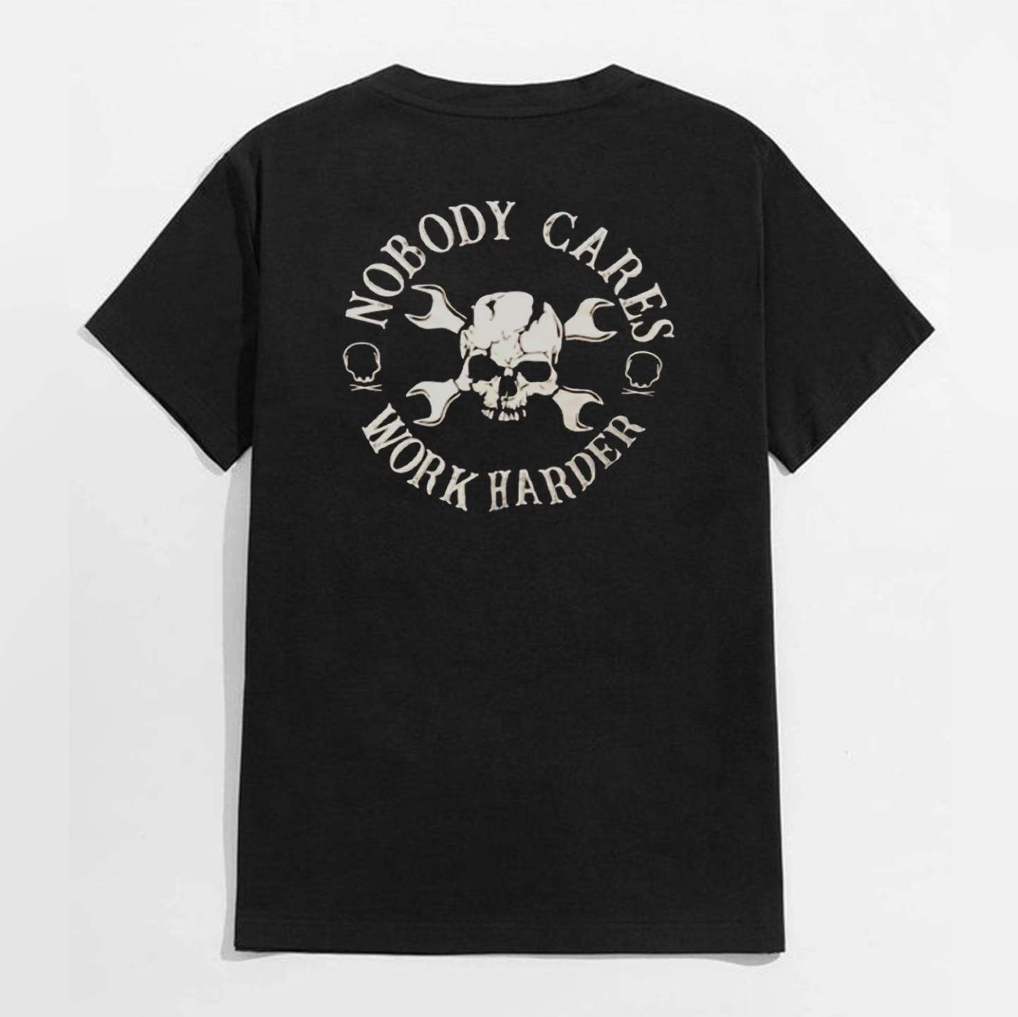 NOBODY CARES, WORK HARDER Skulls with Handles Black Print T-shirt
