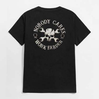NOBODY CARES, WORK HARDER Skulls with Handles Black Print T-shirt