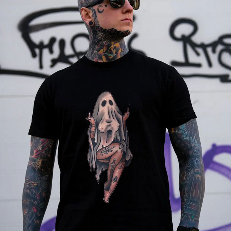 Naughty Sexy Lady Ghost with Tattoo Black Print T-shirt