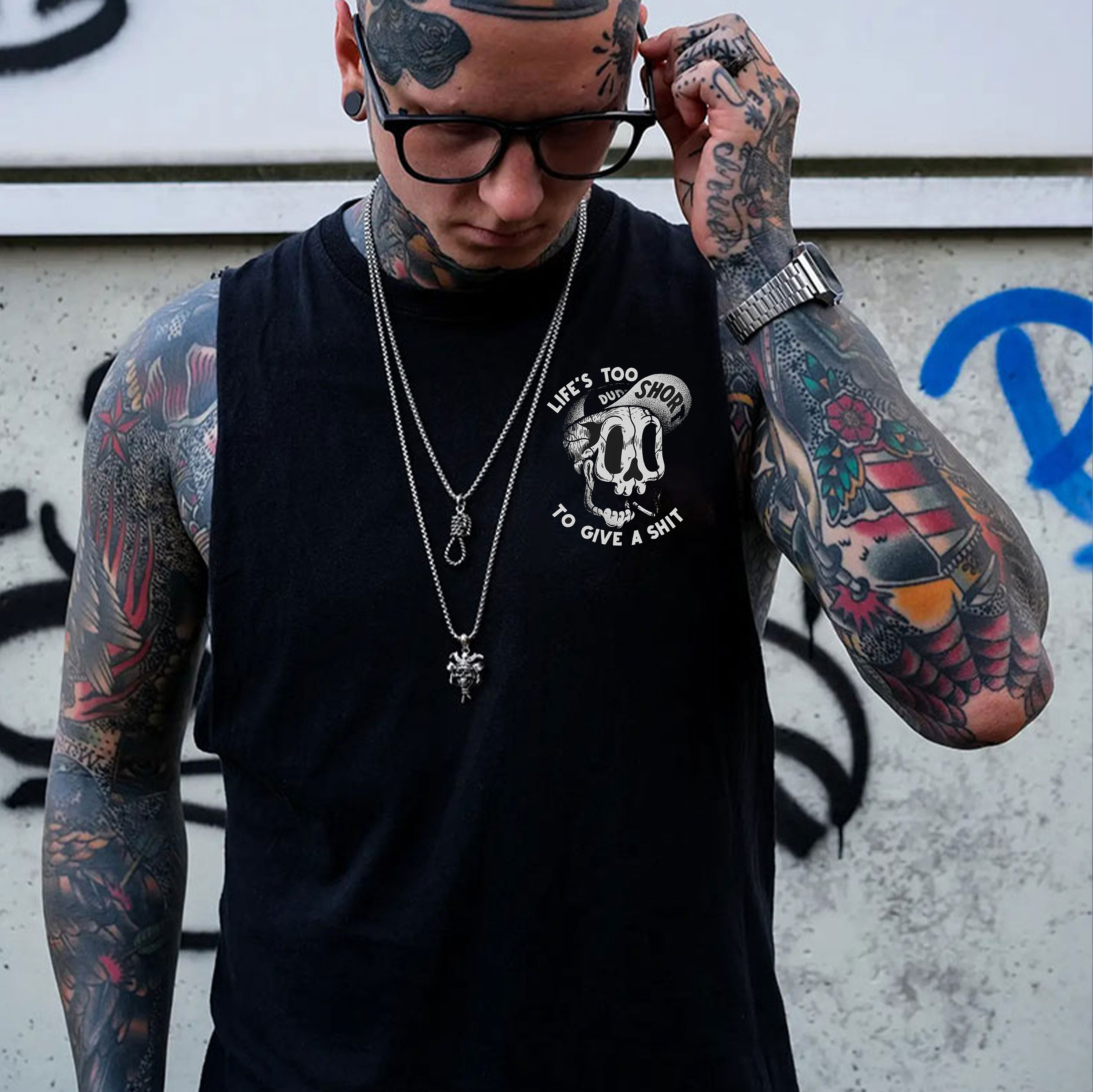 LIFE'S TOO SHORT TO GIVE A SHIT Skull Black Print Vest