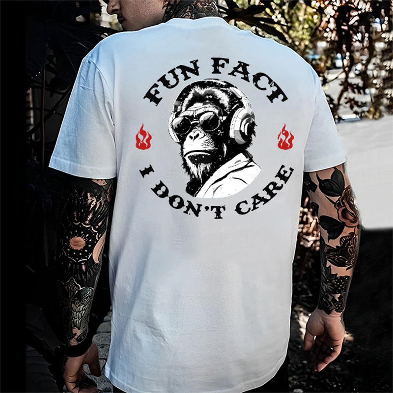 FUN FACT I DON'T CARE Chimpanzee With Headphones Print Men's T-shirt