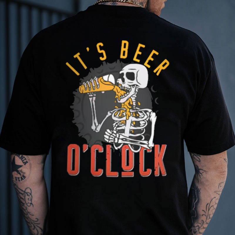 IT'S BEER O'CLOCK Skeleton Black Print T-shirt