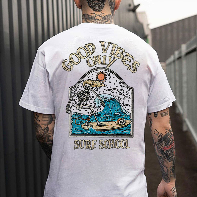 GOOD VIBES ONLY SURF SCHOOL Skeleton Print Men's T-Shirt