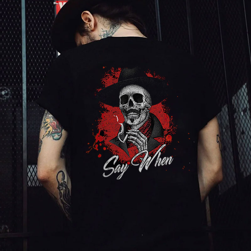 SAY WHEN Smoking Skeleton Black Print T-shirt