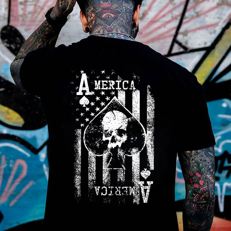 AMERICA USA Flag Ace Of Spades Skull Print Men's T-shirt