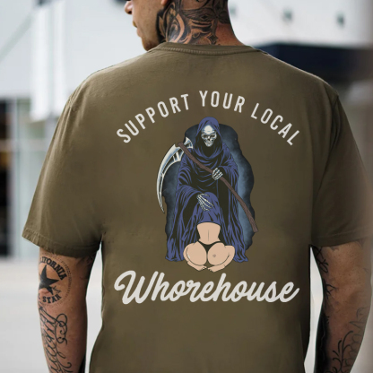 SUPPORT YOUR LOCAL WHOREHOUSE Oral Sex With Skeleton Black Print T-shirt