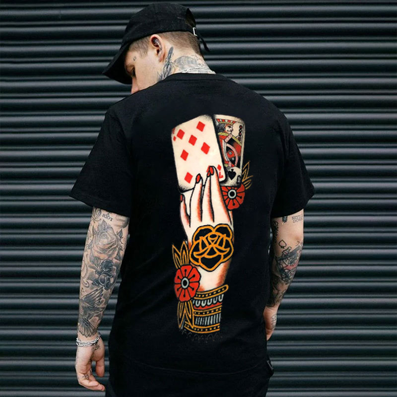 Elegant Hand with Tattoo and Pokers Black Print T-Shirt