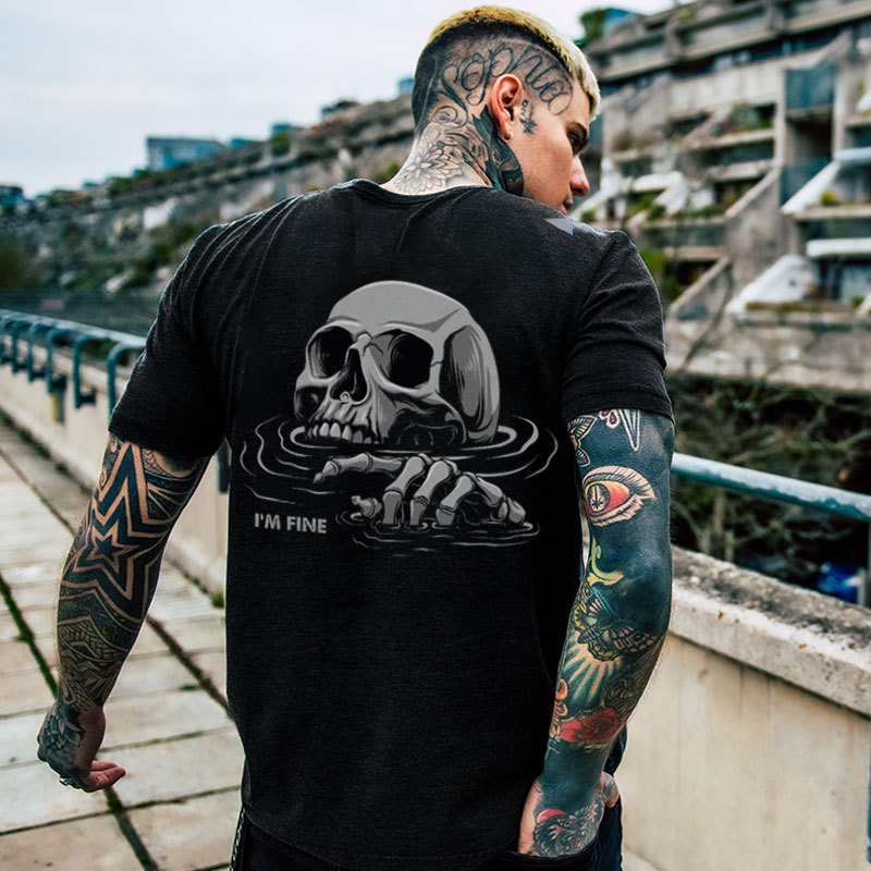 I'M FINE Drowning Skull Black Print T-Shirt