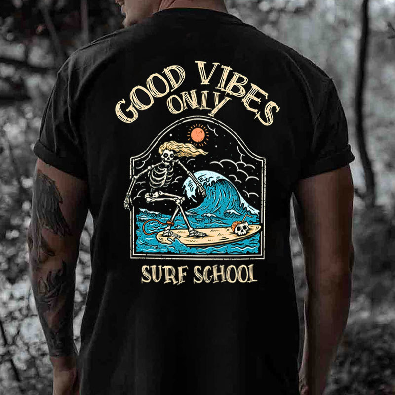GOOD VIBES ONLY SURF SCHOOL Skeleton Print Men's T-Shirt