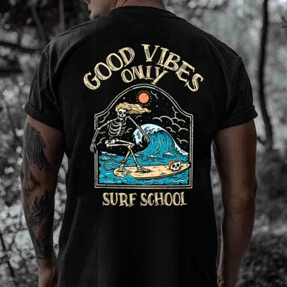 GOOD VIBES ONLY SURF SCHOOL Skeleton Print Men's T-Shirt