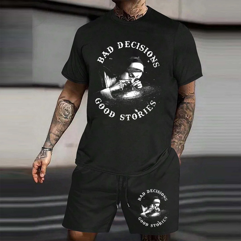 BAD DECISIONS GOOD STORIES Smoking Nun Print Men's Suit