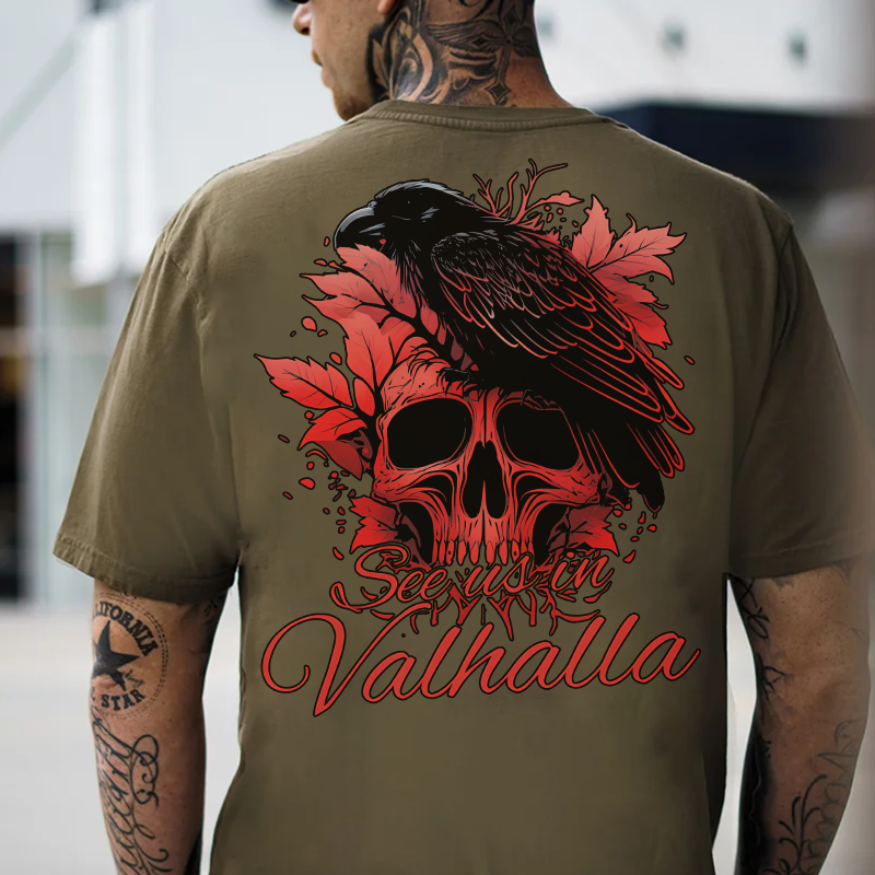 SEE US IN VALHALLA Crow&Skull Print Men's T-Shirt