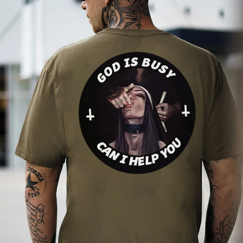 GOD IS BUSY CAN I HELP YOU Sucking Finger Nun Print Men's T-Shirt