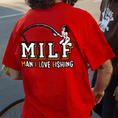 MILF MAN I LOVE FISHING Naked Lady Black Print T-shirt