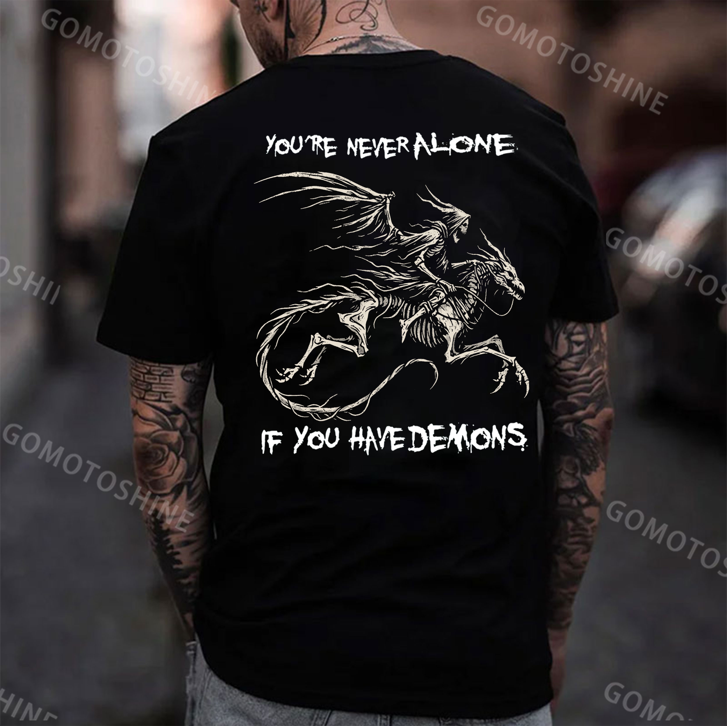 YOU'RE NEVER ALONE IF YOU HAVE DEMONS Skeleton&Bone Dragon Print Men's T-Shirt