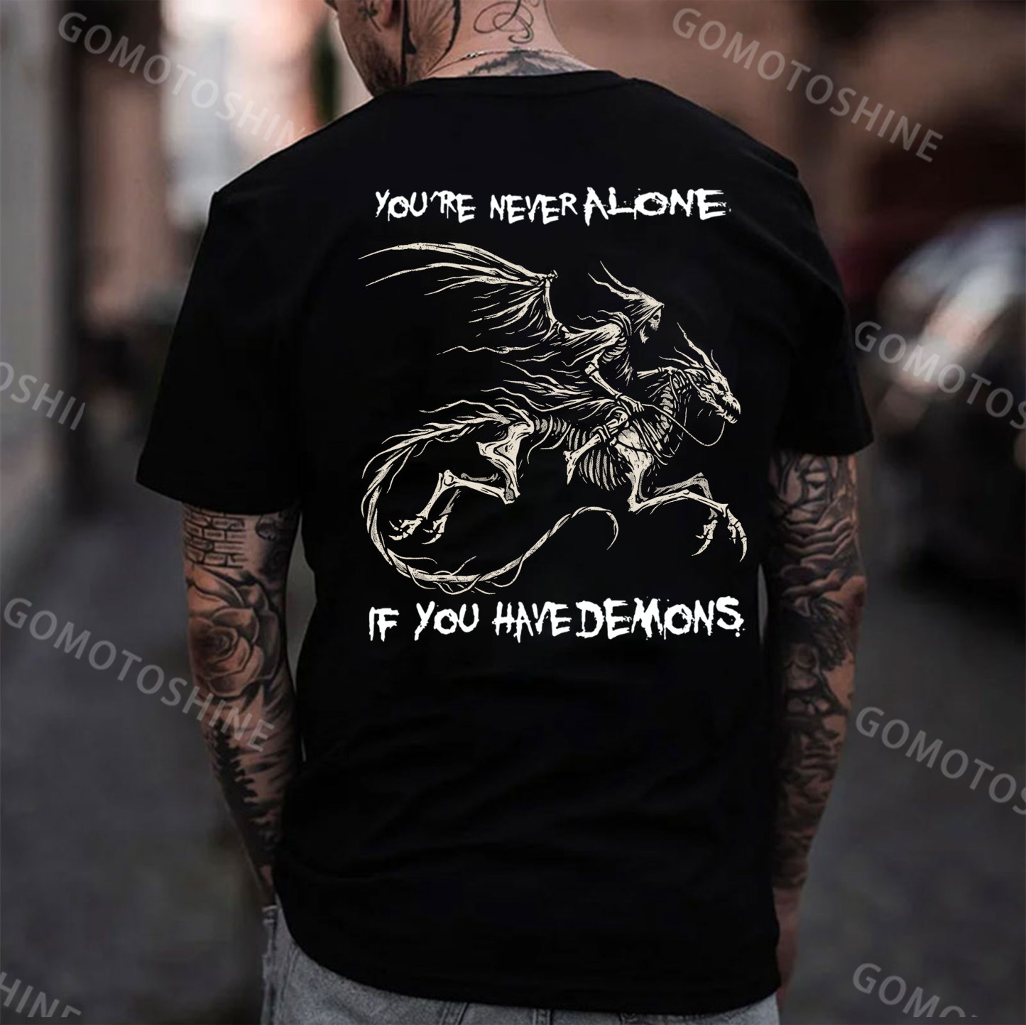 YOU'RE NEVER ALONE IF YOU HAVE DEMONS Skeleton&Bone Dragon Print Men's T-Shirt