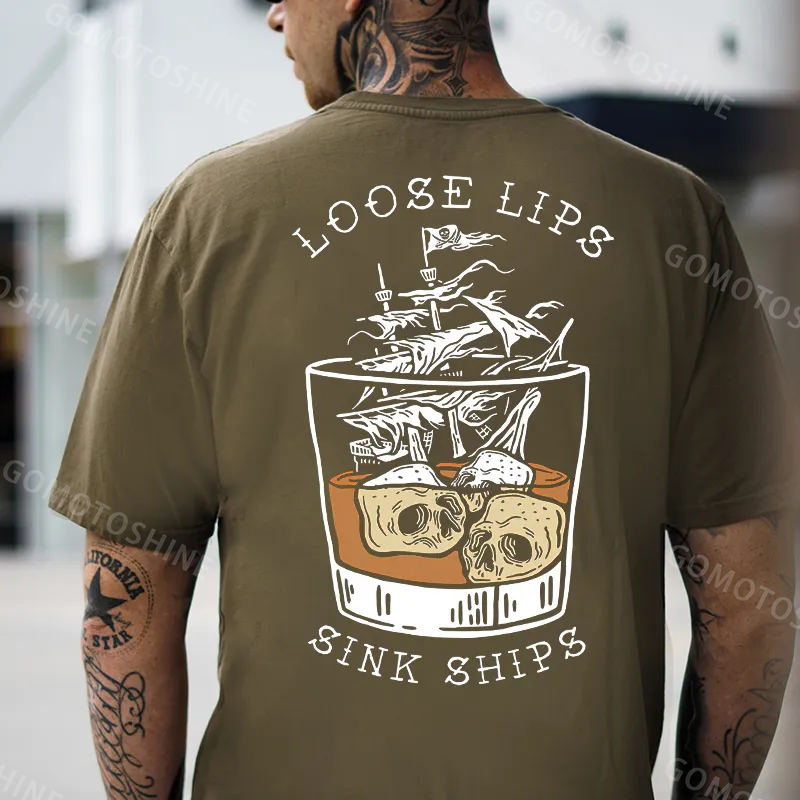 LOOSE LIPS SINK SHIPS Skulls Ship in the Water Graphic White Print T-shirt