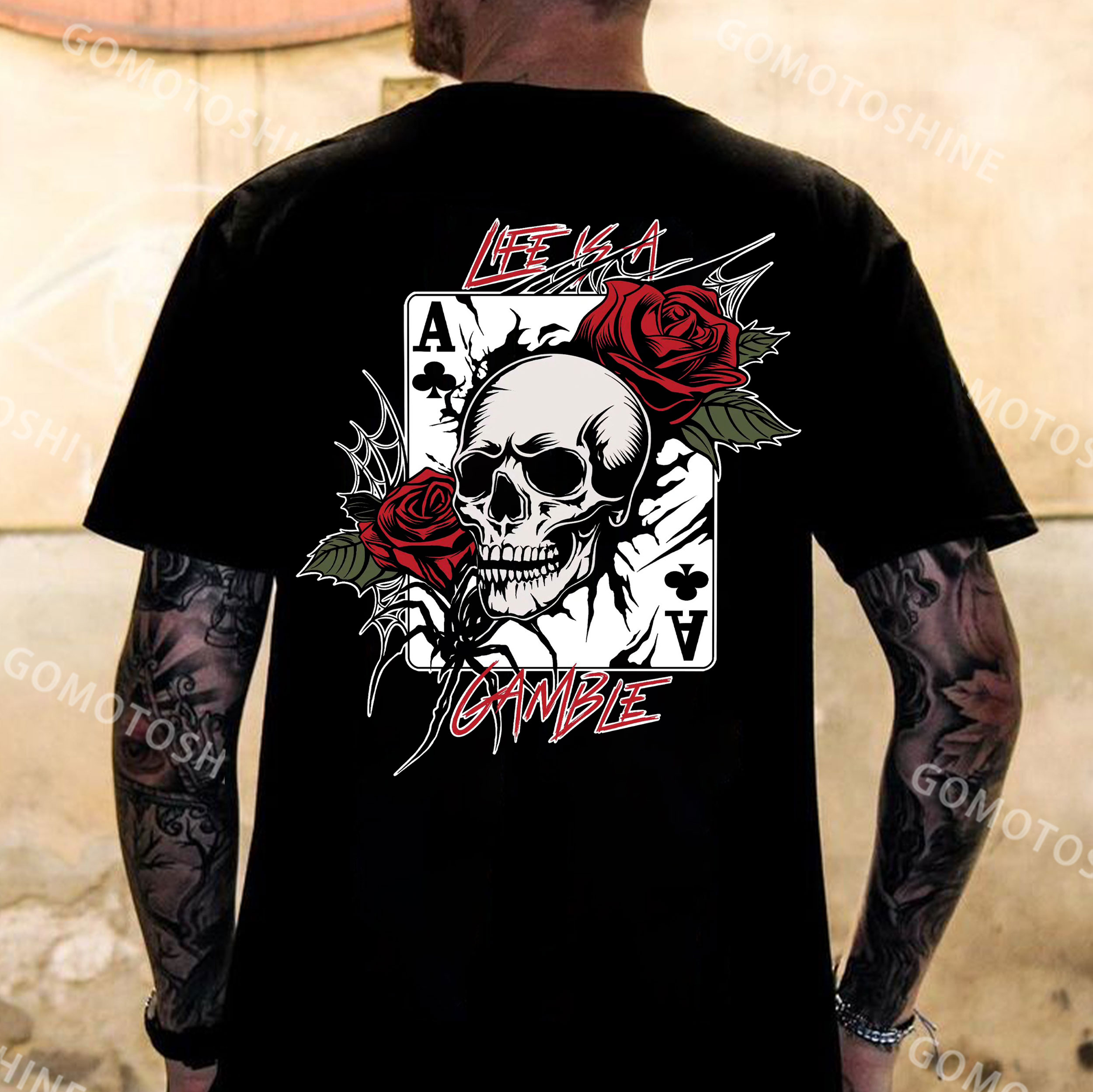 LIFE IS A GAMBLE Skull Rose Poker Print Men's T-Shirt