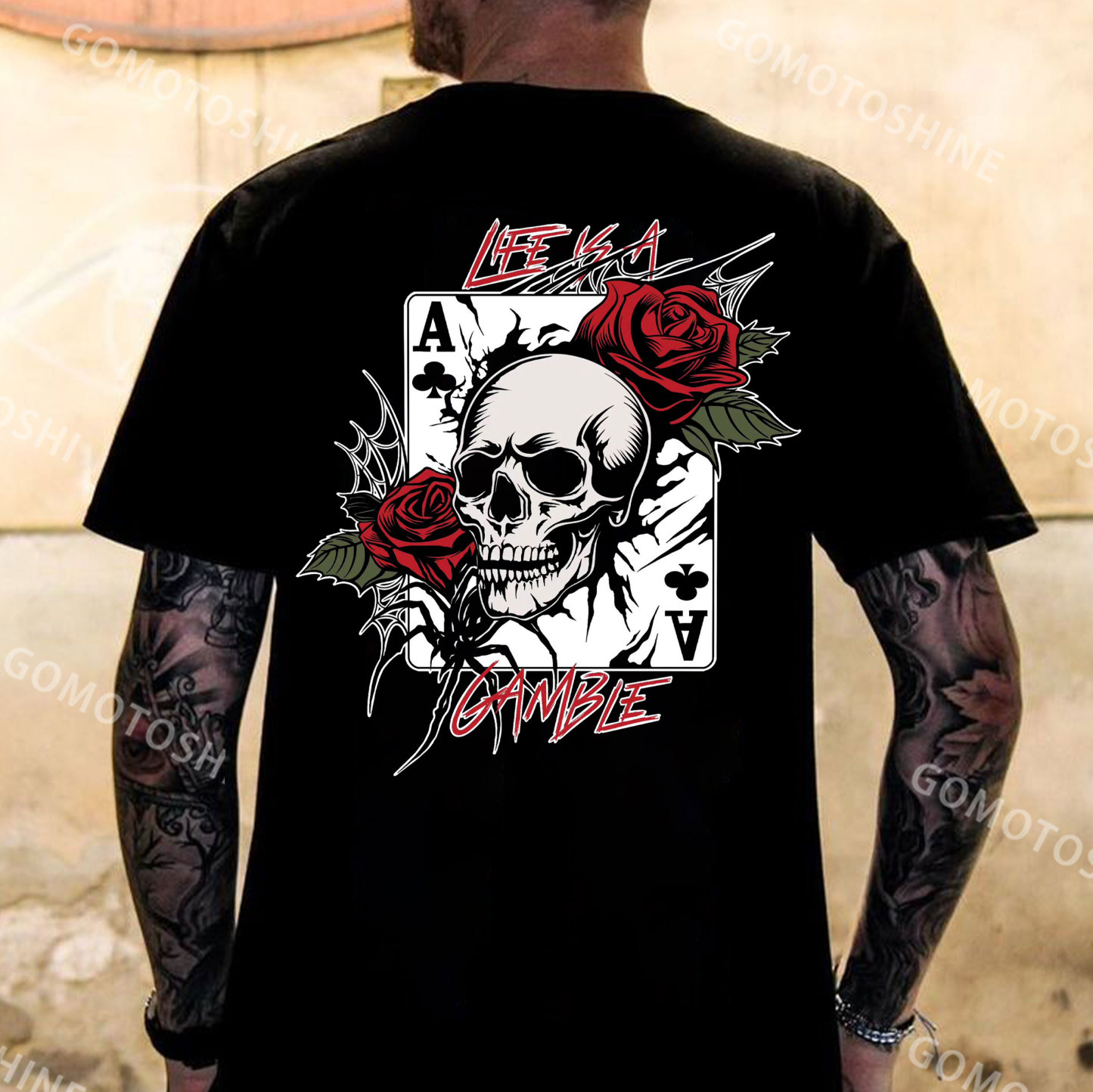 LIFE IS A GAMBLE Skull Rose Poker Print Men's T-Shirt