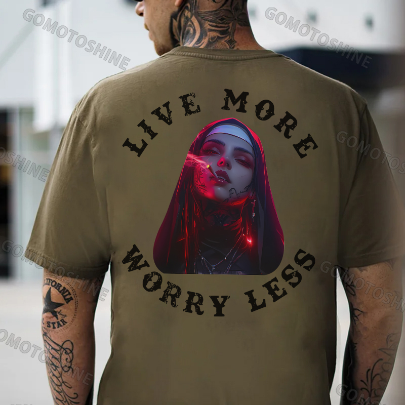 LIVE MORE WORRY LESS Smoking Nun Print Men's T-Shirt