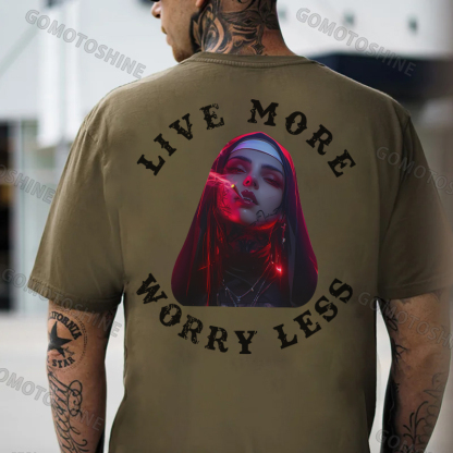 LIVE MORE WORRY LESS Smoking Nun Print Men's T-Shirt