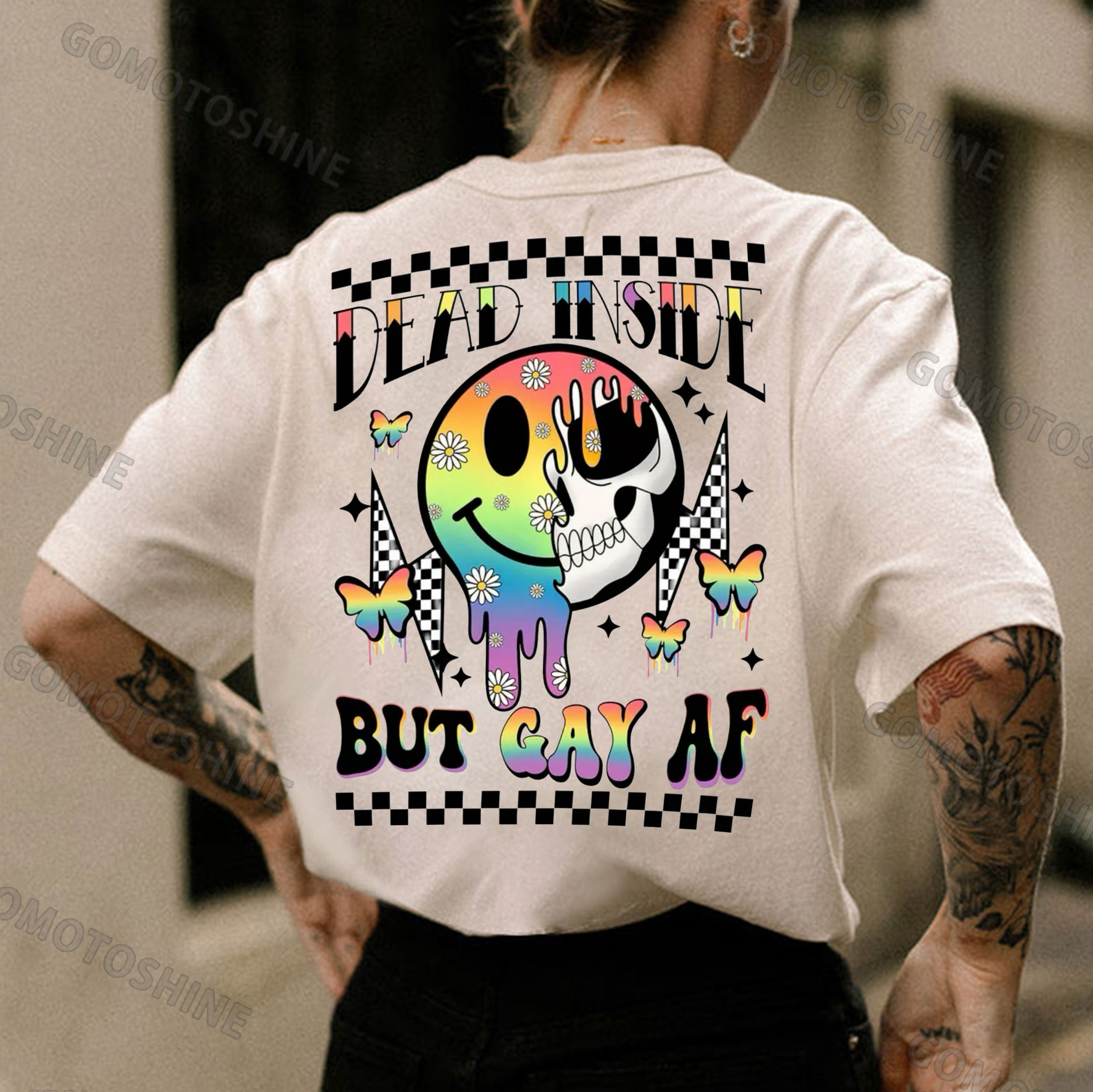 DEAD INSIDE BUT GAY AF Melting Emoji Skull Print Women's T-shirt