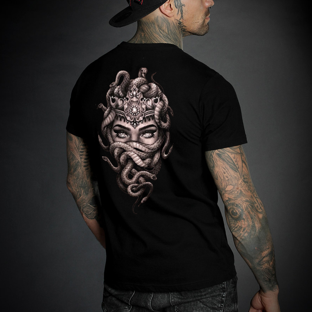Gothic Lady with Fierce Snake Vintage Black Print T-shirt