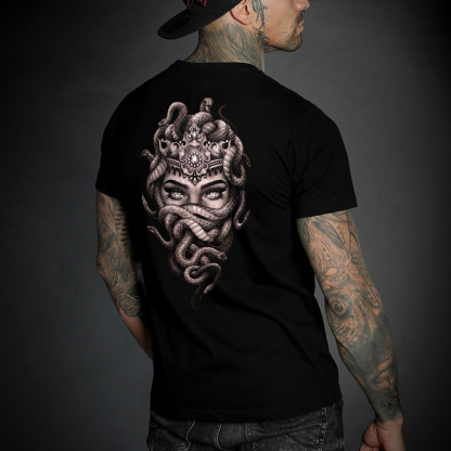 Gothic Lady with Fierce Snake Vintage Black Print T-shirt