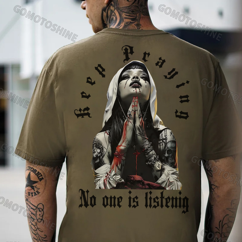 KEEP PRAYING NO ONE LISTENING Bleeding Nun Print Men's T-Shirt