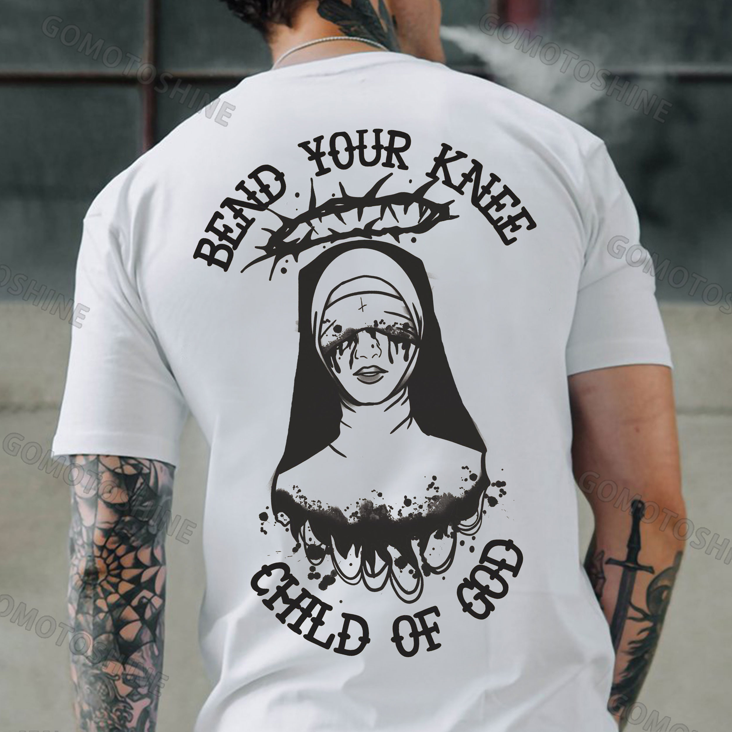 BEND YOUR KNEE CHILD OF GAD Blindfolded Nun Print Men's T-Shirt