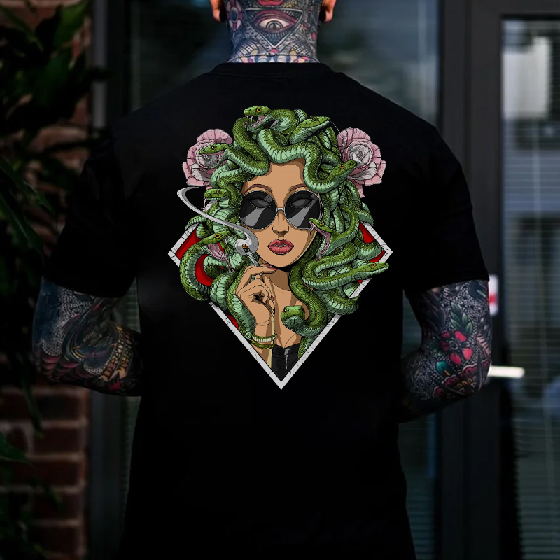Lady Smoking with Fierce Snake Black Print T-Shirt
