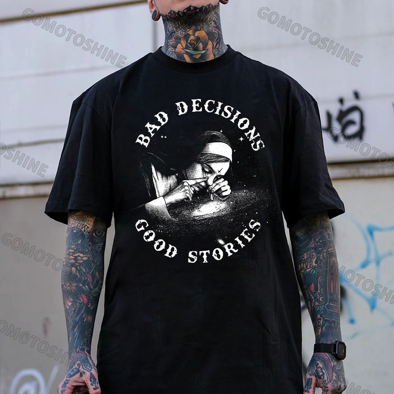 BAD DECISIONS GOOD STORIES Smoking Nun Print Men's T-Shirt