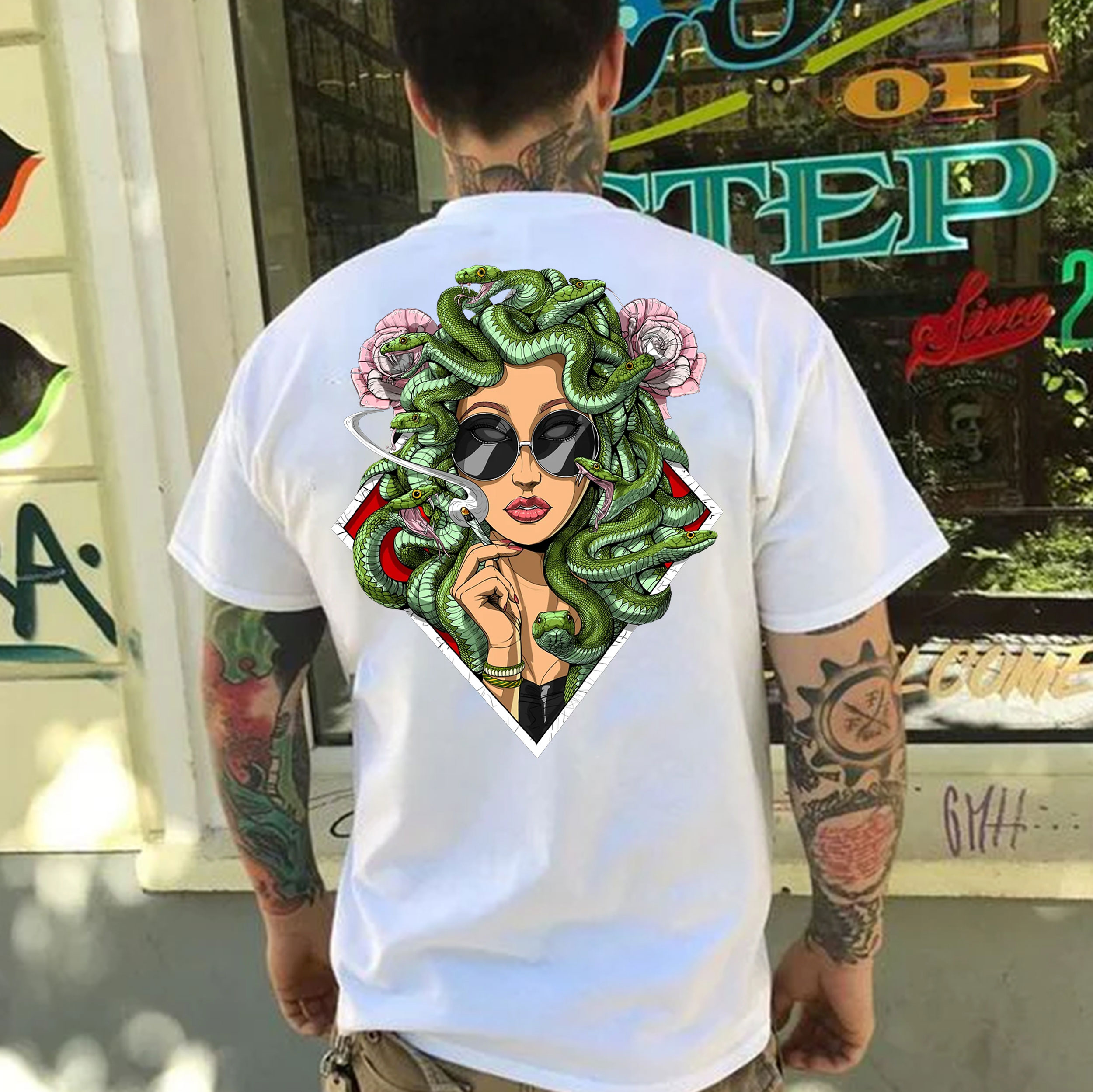 Lady Smoking with Fierce Snake Black Print T-Shirt