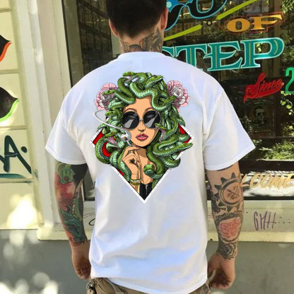 Lady Smoking with Fierce Snake Black Print T-Shirt