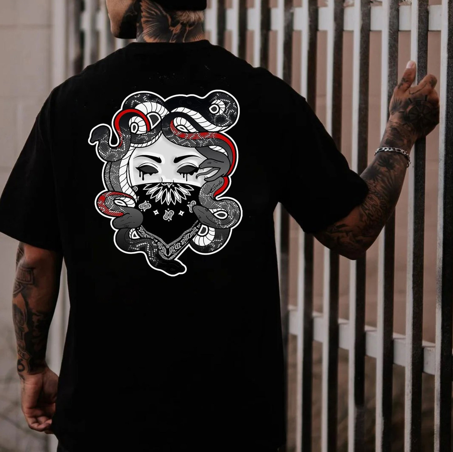 Snake Queen with Mask Black Print T-Shirt